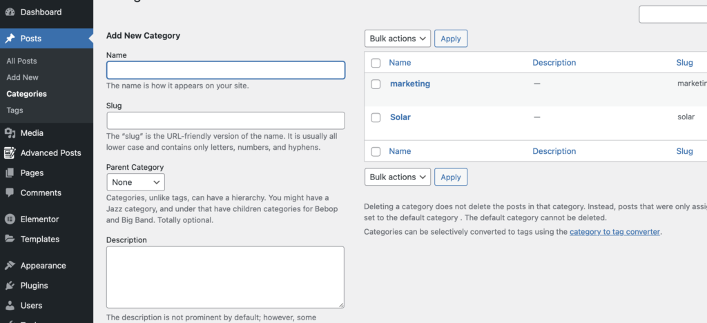 Categories section under posts in the backend of WordPress